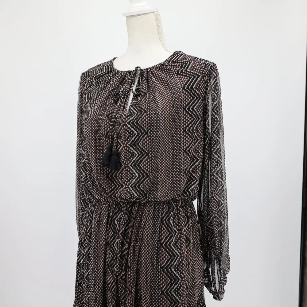 Just Taylor Maxi Dress Sheer Tiered Long Sleeve Boho Print Black L Flowy - Picture 3 of 14